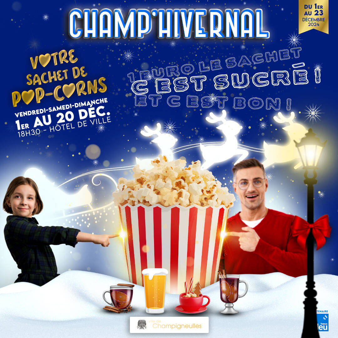 Affiche avec un grosse boite de pop-corn et des boissons chaudes