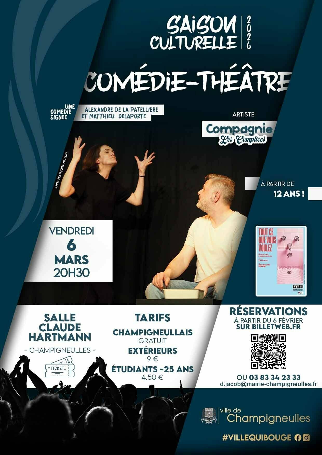 Saison culturelle - soirée théâtre comédie - 6 mars 20h30 - salle Claude HARTMANN.